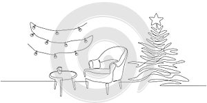One continuous Line drawing of festive interior with armchair and christmas tree, table and garland. Modern furniture