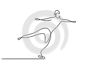 One continuous line drawing of figure skating guy. Young happy man playing ice skating in the ice area while free dancing. Winter