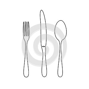 One continuous line drawing of food tools. Spoon Fork and Knife icons for decoration restoran menu in simple linear