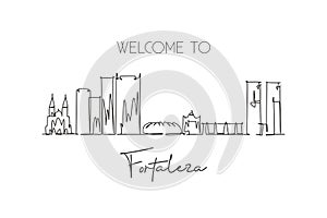 One continuous line drawing Fortaleza city skyline Brazil. Beautiful landmark postcard. World landscape tourism and travel