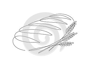 One continuous line drawing of french baguette bread. Baking loaf logo for bakery shop with plant wheat in simple linear
