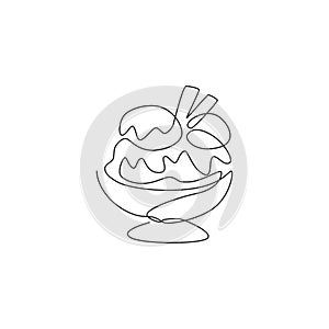 One continuous line drawing fresh delicious sundae ice cream restaurant logo emblem. Sweet dessert food cafe shop logotype