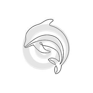 One continuous line drawing of friendly cute dolphin for fish tank aquarium logo identity. Happy mammal animal concept for company