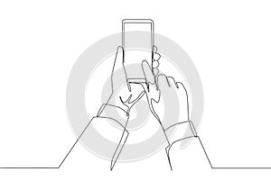 One continuous line drawing of gesture hands holding and touch the screen of smartphone to finish transaction on online shop