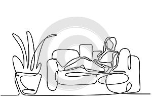 One continuous line drawing of a girl sitting in her sofa. Young attractive and relaxed woman at home smiling happy on sofa couch
