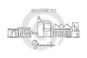 One continuous line drawing of Granada city skyline, Spain. Beautiful skyscraper. World landscape tourism travel vacation concept