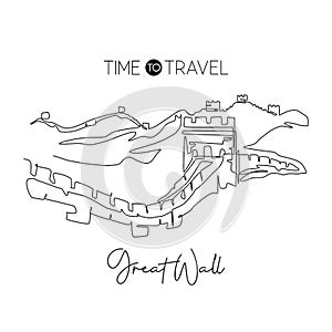 One continuous line drawing Great Wall of Badaling landmark. World famous place in Beijing, China. Holiday home decor wall art