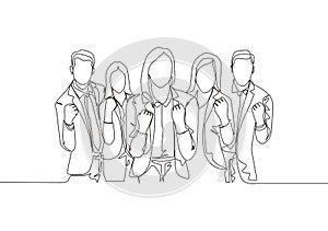 One continuous line drawing group of businessman and businesswoman line up celebrates their successful project while fist hands.