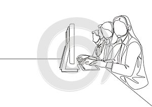 One continuous line drawing group of male and female call center team members answer complain phone call from clients kindly