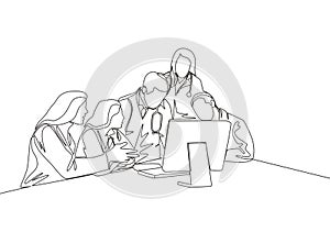 One continuous line drawing group of male and female doctor discus while watching patient health medical report on computer