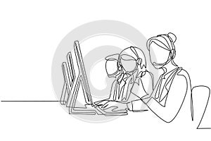 One continuous line drawing group of male and female telemarketing team members calling new customers to offer new product. Online