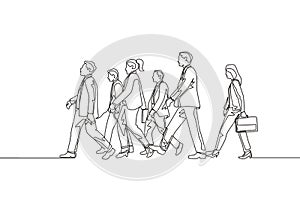 One continuous line drawing of group urban male and female commuters walking every day on city road go to the office. Urban