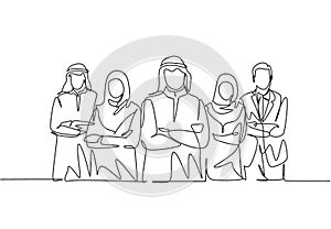 One continuous line drawing group of young muslim and multi ehtnic businessman businesswoman line up together. Islamic clothing