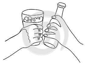 One continuous line drawing of Hands clink beer mug and bottle. National Beer day.