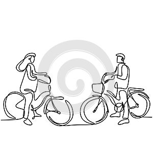 One continuous line drawing of happy young couple take a walk with bicycle. Loving male and female in bicycle romantically rides