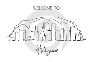 One continuous line drawing of Hollywood city skyline, Los Angeles. Beautiful landmark. World landscape tourism travel home wall