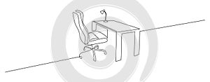 One continuous line drawing of home office interior. Modern work desk and chair with laptop in simple linear style