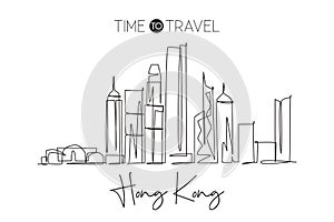 One continuous line drawing of Hong Kong city skyline, China. Beautiful landmark wall decor poster print. World landscape tourism
