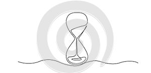 One continuous line drawing of hourglass with flow sand. Antique timer as time passing concept for business deadline in