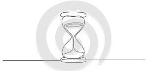 One continuous line drawing of hourglass with flow sand. Retro timer as time passing concept for countdown and business