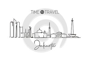 One continuous line drawing of Jakarta city skyline, Indonesia. Beautiful landmark. World landscape tourism travel vacation poster