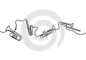 One continuous line drawing of jazz instrument. Musical tools of electric trumpet, violin and saxophone. Classical music