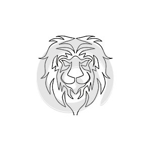 One continuous line drawing of king of the jungle, lion head for company logo identity. Strong feline mammal animal mascot concept