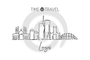 One continuous line drawing of Lagos city skyline, Nigeria. Beautiful landmark. World landscape tourism and travel vacation.