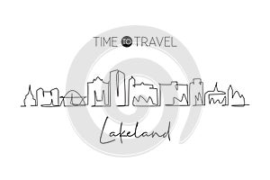 One continuous line drawing Lakeland city skyline, Florida. Beautiful landmark art. World landscape tourism travel home wall decor