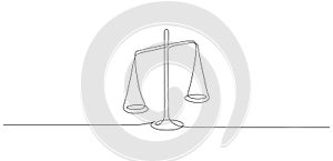 One continuous line drawing of law balance and scale of justice. Symbol of equality and concept court and logo firm in