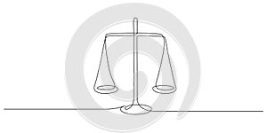 One continuous line drawing of law balance and scale of justice. Symbol and logo of equality and outline concept court