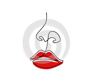 One continuous line drawing of lips with red lipstick. Abstract face portrait of makeup in simple linear style. Symbol