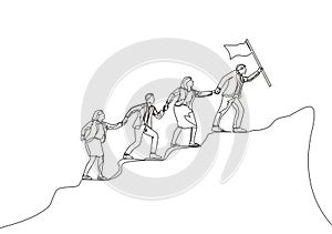 One continuous line drawing of male and female team member stick together follow their leader who holds flag to reach the top