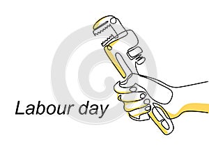 One continuous line drawing of the master`s hand holds a wrench with lettering Labour Day isolated on white background. 1st may