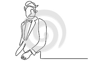 One continuous line drawing of Men`s jacket with bowties. Young male with a party dresscode in elegant style isolated on white