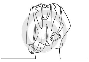 One continuous line drawing of Men`s jacket with bowties. Young male with a party dresscode in elegant style isolated on white