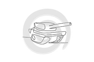 One continuous line drawing of metal war tank with cannon gun. Transportation vehicle concept. Dynamic single line draw design