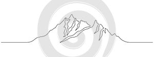 One continuous line drawing of mountain ridge landscape. Web banner with high mounts and peaks in simple linear style