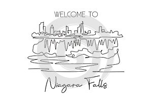 One continuous line drawing Niagara Falls skyline, Canada. Beautiful nature landmark postcard art. World landscape tourism travel