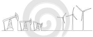 One continuous line drawing of Oil pumps jacks and wind turbines. Concept of energy crisis and Renewable and Non