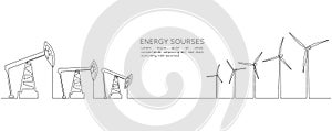 One continuous line drawing of Oil pumps jacks and wind turbines. Concept of Renewable and Non renewable sources in