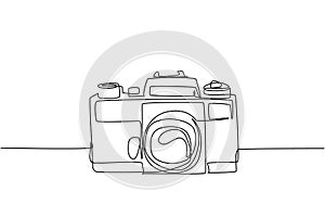 One continuous line drawing of old retro analog slr camera, front view. Vintage classic photography equipment concept single line