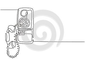 One continuous line drawing of old vintage analog wall telephone to communicate. Retro classic telecommunication device concept