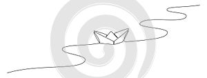 One continuous line drawing of paper boat. Origami ship concept for success leadership of business in simple linear