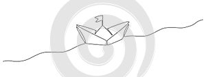 One continuous line drawing of paper boat. Origami ship concept success leadership of business in simple linear style