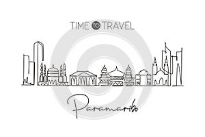 One continuous line drawing Paramaribo city skyline, Suriname. Beautiful landmark home decor poster print. World landscape tourism photo