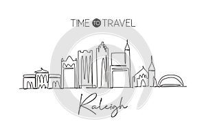 One continuous line drawing of Raleigh city skyline, USA. Beautiful landmark. World landscape tourism travel vacation poster print