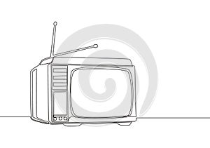 One continuous line drawing of retro old fashioned tv with wooden case and internal antenna. Classic vintage analog television