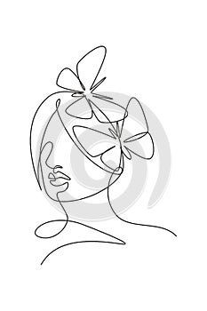 One continuous line drawing sexy woman abstract face with butterfly wings logo. Female portrait minimalist style concept. Cosmetic