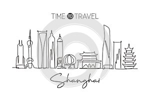 One continuous line drawing of Shanghai city skyline China. Beautiful landmark. World landscape tourism and travel vacation.